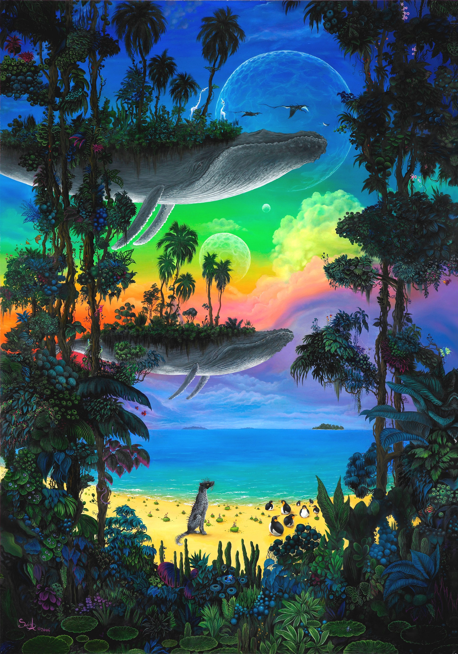 Happy woman hiker in a misty forest